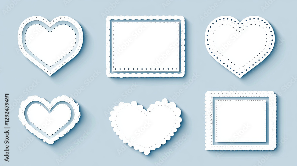 Poster postcard stamp frames collection in various shapes - heart, oval, circle and rectangles. white perfo