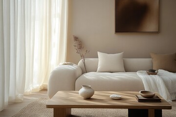 Cozy Scandinavian Living Room with Beige Sofa, Textured Wall, Wooden Coffee Table, Natural Light, Warm Shadows, Home Decor Inspiration