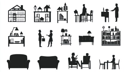 Silhouette images of various indoor scenes
