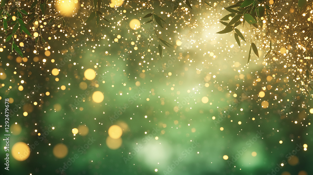 Poster enchanted forest: a mystical forest bathed in ethereal light, sparkling with shimmering golden orbs,