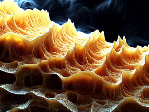 Stunning abstract fractal art.  Intricate, organic textures create a mesmerizing landscape of golden, cavernous forms against a dark background.