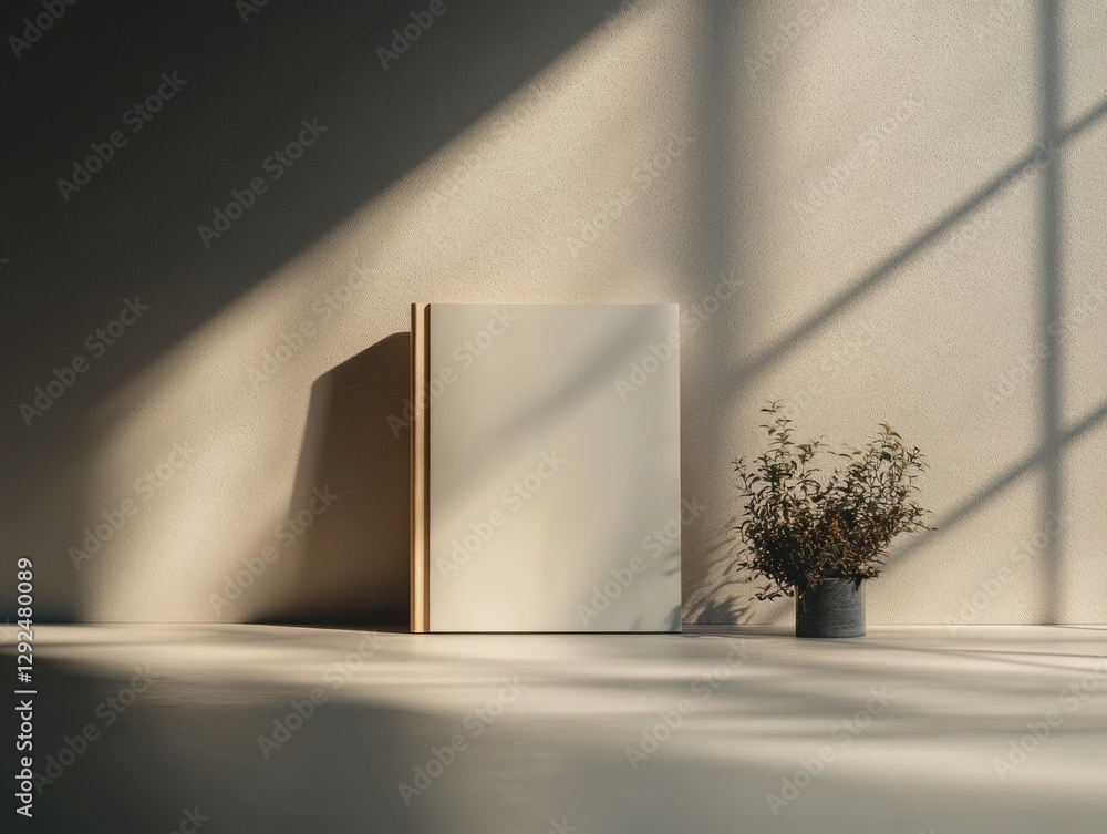Poster minimalist blank book mockup front view on smooth surface with soft natural lighting