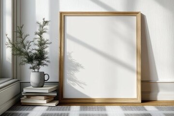 Scandinavian minimalist indoor decor with wooden frame pine branches mug books and white wall
