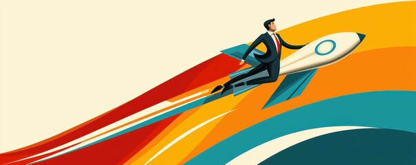 A businessman riding a rocket, symbolizing growth and innovation in corporate success.