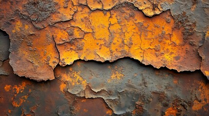 Close-up of rusty metal surface with layers of oxidation, detailed cracks, and vibrant rust tones