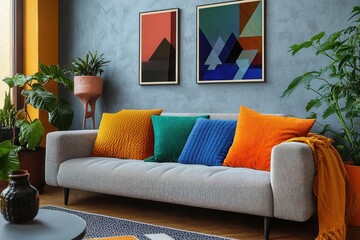 Cozy colorful modern living room with sofa cushions art decor natural light interior design