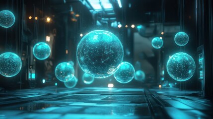 Futuristic corridor; glowing orbs float; tech background; digital art