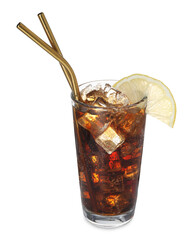 Refreshing cola with slice of lemon, ice cubes and drinking straws in glass isolated on white