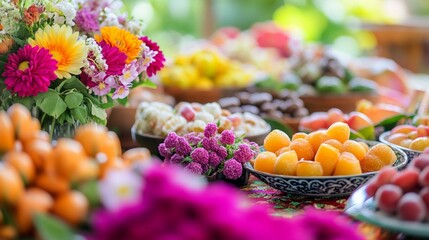 Fototapeta premium Vibrant Haft-Seen table with spring flowers, sweets, and fruits, celebrating Nowruz traditions and renewal.
