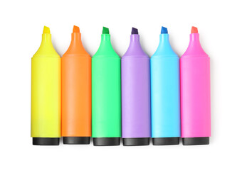 Bright highlighters isolated on white, top view