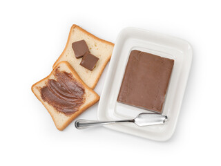 Tasty sandwiches with chocolate butter and knife isolated on white, top view