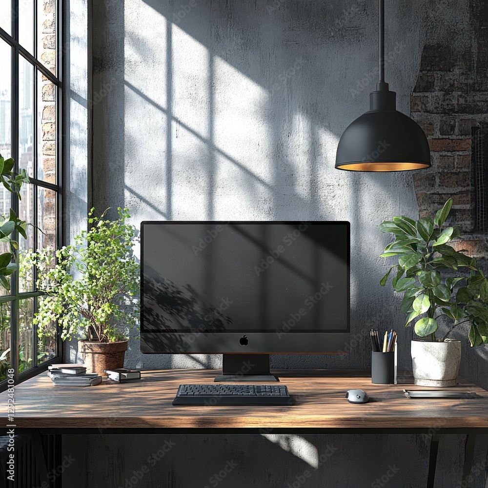 Poster modern computer monitor mockup with blank screen in minimalist office