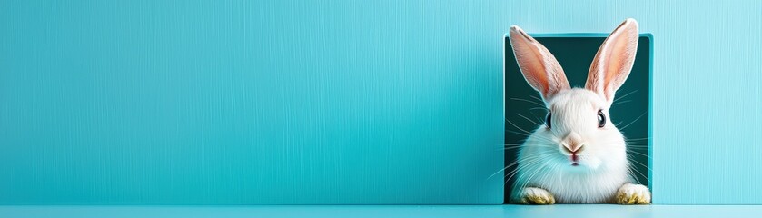 Obraz premium A cute white rabbit peeking from a colorful box against a teal background.