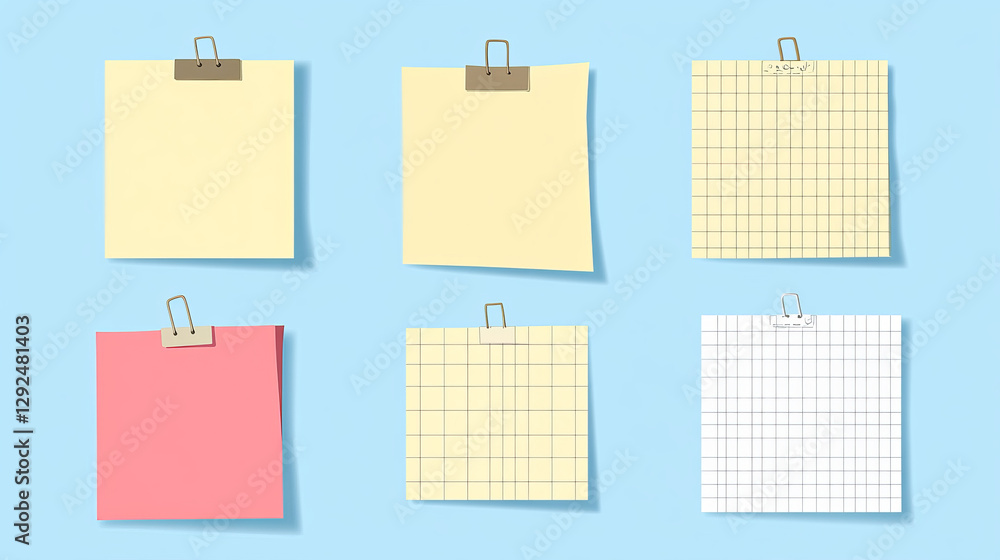 Poster memo note sticker paper attached with adhesive tape and paperclip. realistic vector mockup set of em