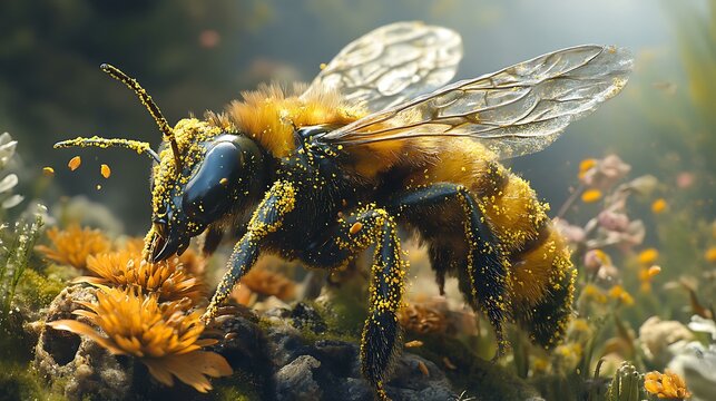 High-resolution shot of a honeybee on a flower, with detailed wings and pollen-covered body