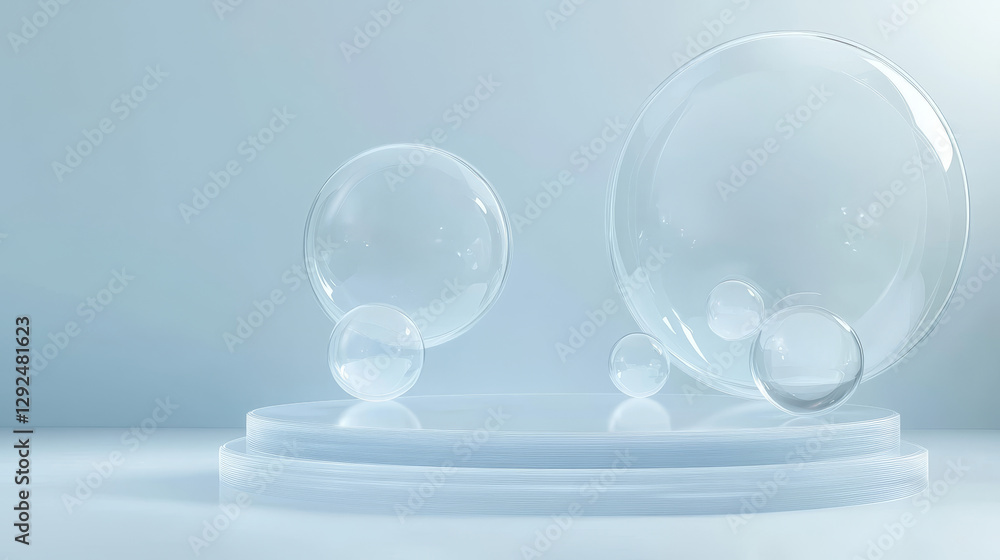 Poster round glass product podium with floating blob bubble formations on soft blue backdrop. minimalist lu
