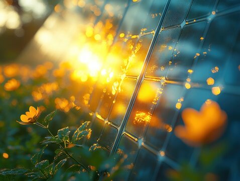 Hyper-realistic Solar Panel Depiction with Photovoltaic Cells Detail and Soft Sunlight