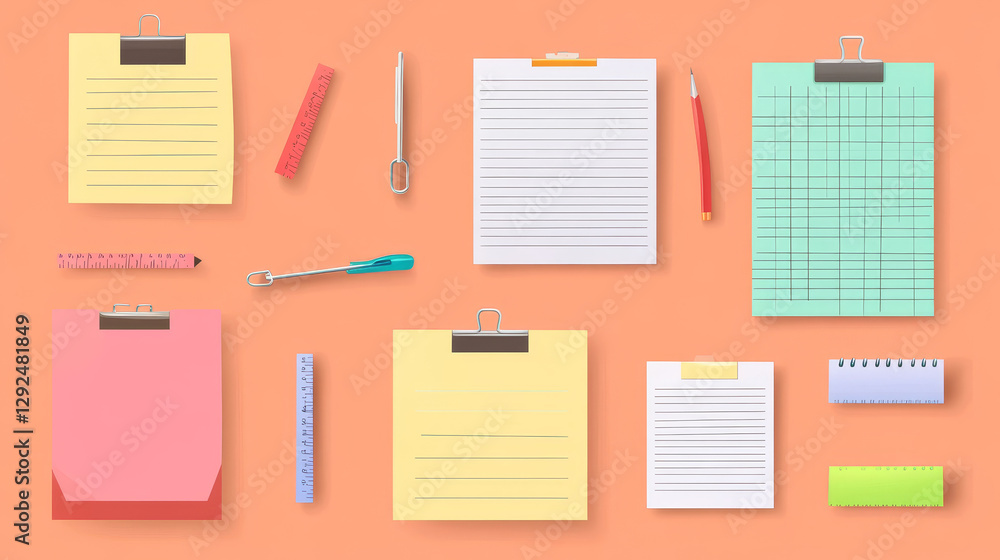 Poster memo note sticker paper attached with adhesive tape and paperclip. realistic vector mockup set of em