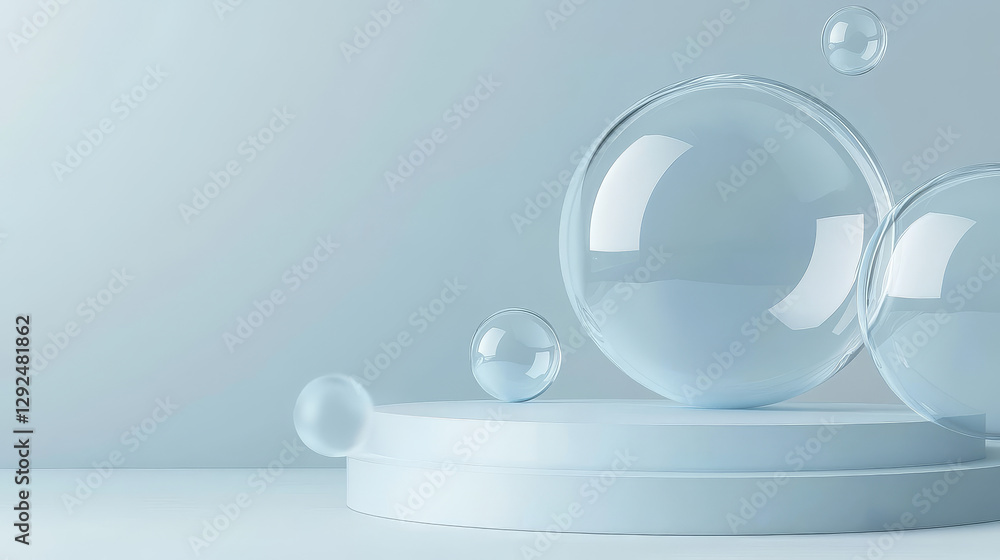 Aufkleber round glass product podium with floating blob bubble formations on soft blue backdrop. minimalist lu