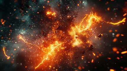 Obraz premium Fiery explosion, sparks, dark background, energy, VFX