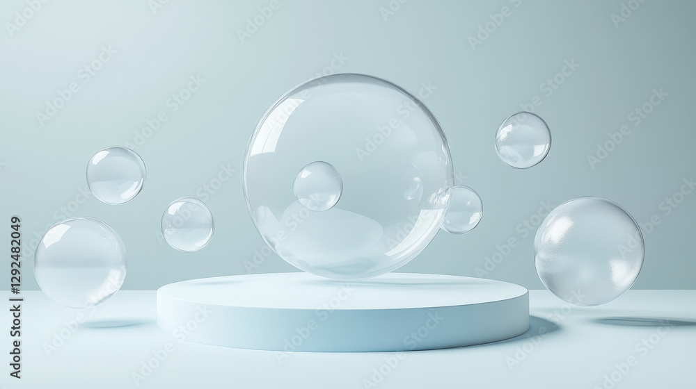 Poster round glass product podium with floating blob bubble formations on soft blue backdrop. minimalist lu