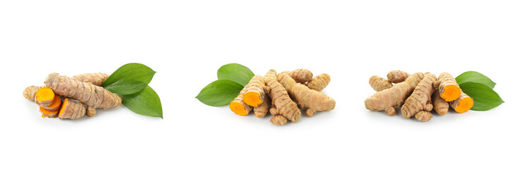 Turmeric roots and green leaves isolated on white, set