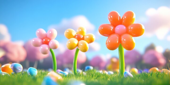 3D Cartoon Game Scene with Three Floating Candy Flowers Against a Bright Blue Sky and Green Grass Background