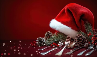 Christmas Santa Hat with Silver Cutlery and Holiday Decorations on Red Background for Festive Dinner Celebration