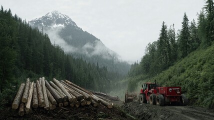 Naklejka premium A logging truck on a misty mountain road beside cut timber in a serene mountain landscape.
