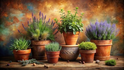 Fototapeta premium A rustic arrangement of potted herbs and flowers, showcasing a variety of textures and colors against a textured background