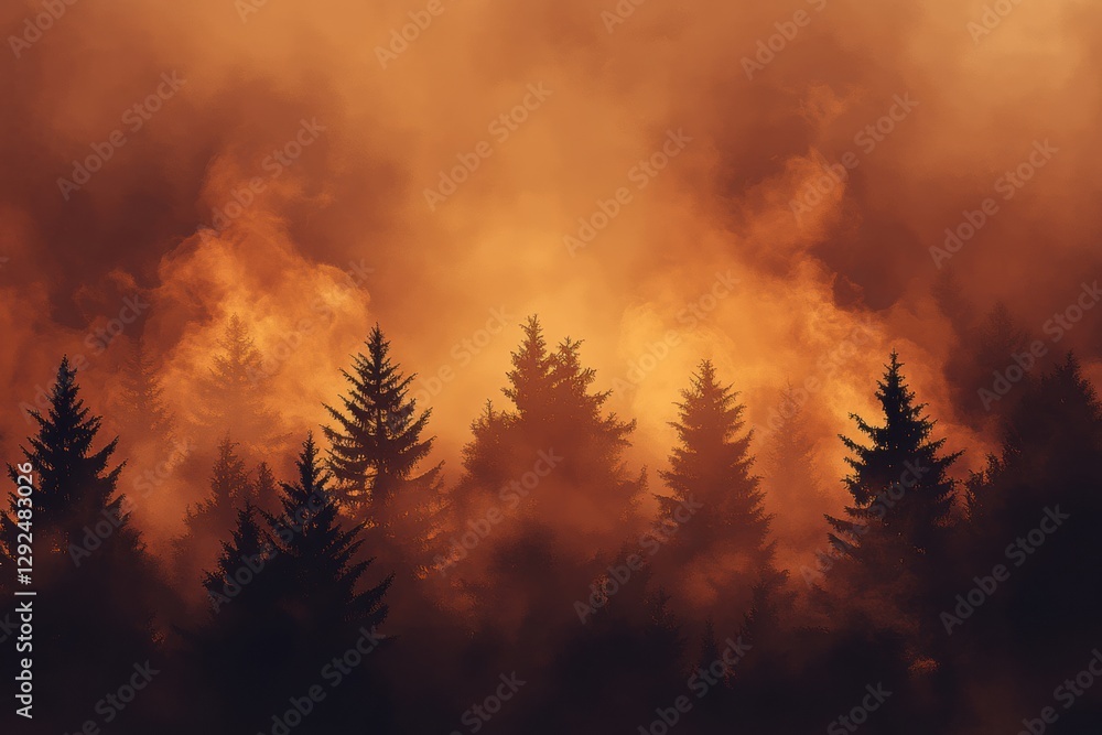 Poster Flames consume the forest, engulfing trees in smoke and fire, creating a stark landscape at twilight. Generative AI