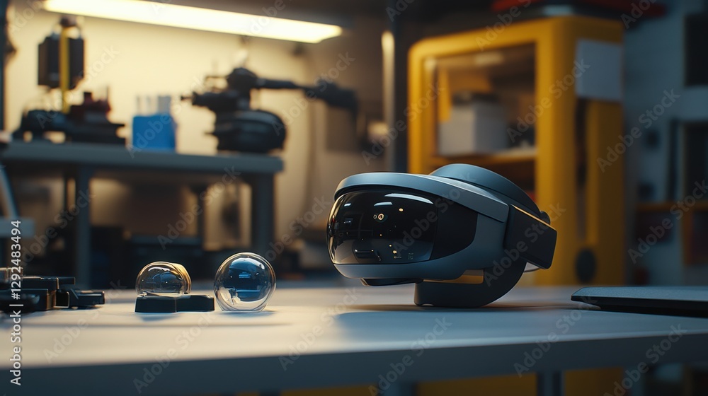 Poster a futuristic workspace featuring advanced augmented reality headset and optical components on a tabl