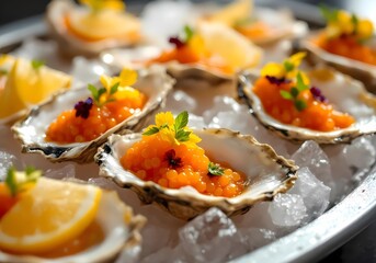 Exquisite Oysters with Orange Caviar and Edible Flowers