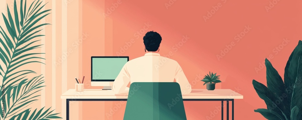 Poster a person working at a desk with a computer in a stylish office environment.