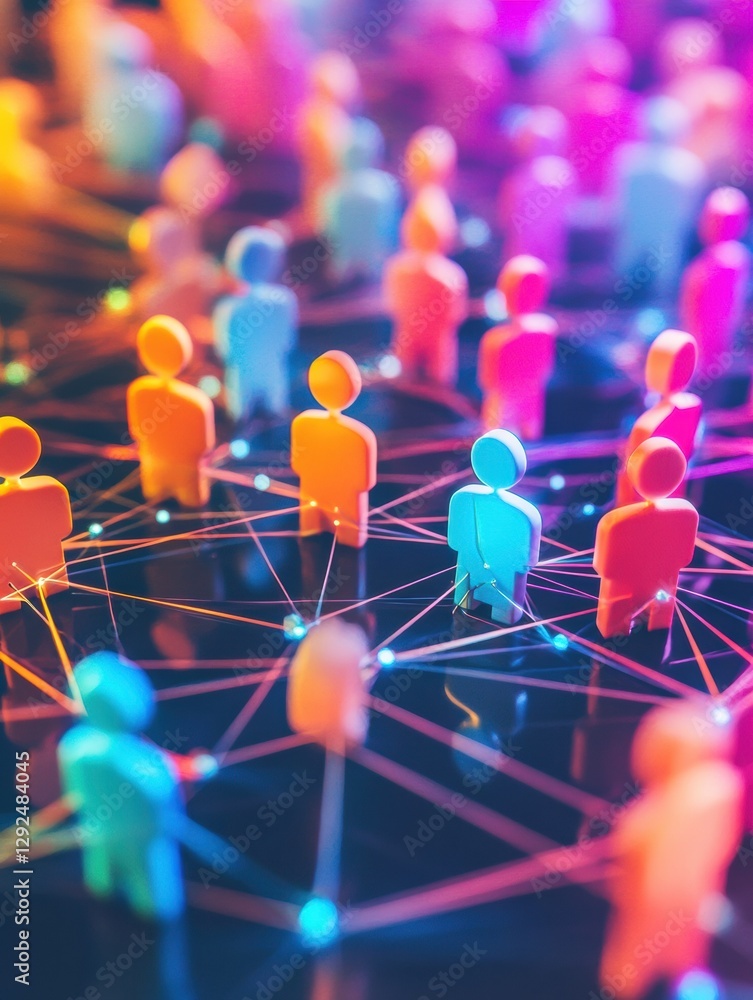 Poster colorful 3d avatars connected by glowing lines representing digital social media networks. generativ