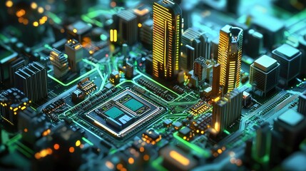 Futuristic city built on integrated circuit board technology