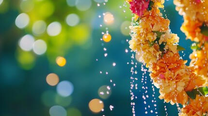 Vibrant floral garlands with water droplets, celebrating Thai Songkran Festival's festive and refreshing spirit.