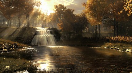Autumn Waterfall Sunset Landscape in Forest