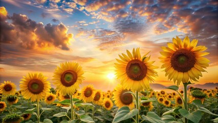 Fototapeta premium Golden Hour Sunflowers A Vibrant Field at Sunset
