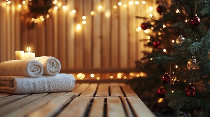 Festive sauna relaxation towels, candles, Christmas tree