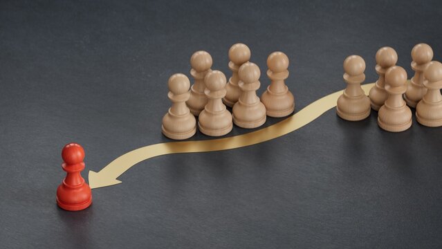 RED pawn beating competition. 3D illustration. economic status and social achievement.Made and rendered in C4D, not AI.