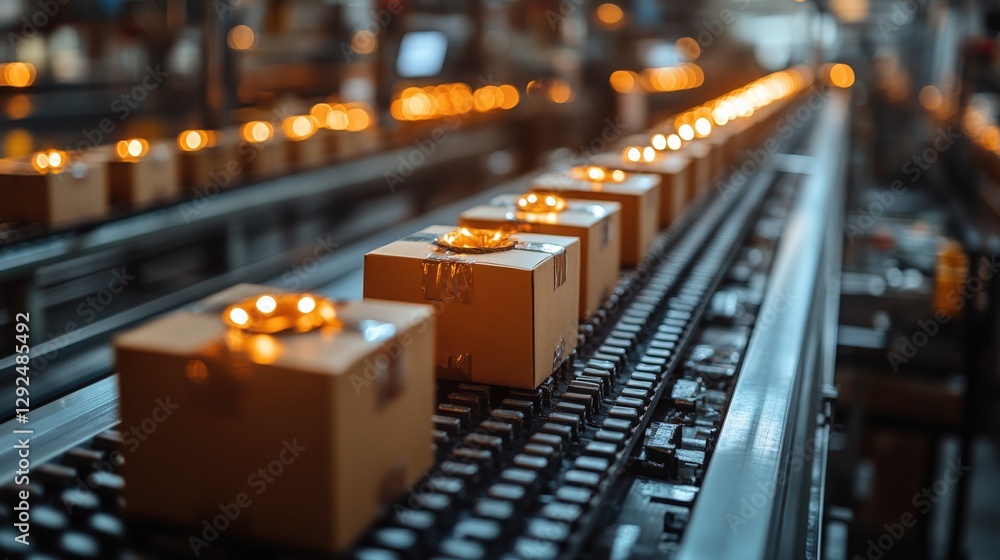 Poster automated conveyor system transporting packages with glowing indicators in a busy warehouse