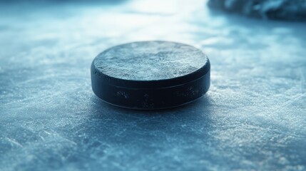 Frozen hockey puck on ice rink, game action blurred background, sport advertisement