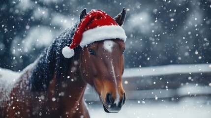 Festive brown horse, Santa hat, snowy winter scene, Christmas card