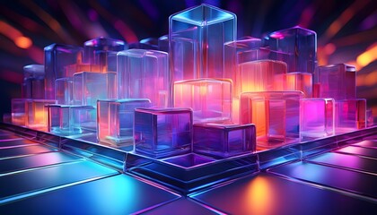 Abstract 3D Crystal Blocks in a Cyberpunk Lightscape, Colorful Glass Blocks with Neon Light Effects in 3D, Futuristic Neon Glass Cubes with Vibrant Reflections