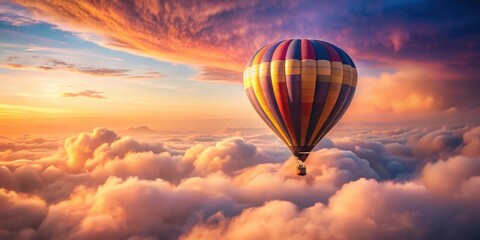 Obraz premium A vibrant hot air balloon ascends through a breathtaking sunrise, soaring above a sea of fluffy clouds, painting a picturesque scene of serenity and adventure.
