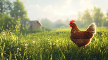 Fototapeta premium Hen foraging sunrise pasture farm rural idyllic