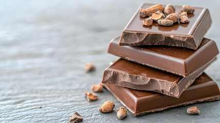 Dark chocolate pieces, cocoa nibs, gray background, food photography, recipe website
