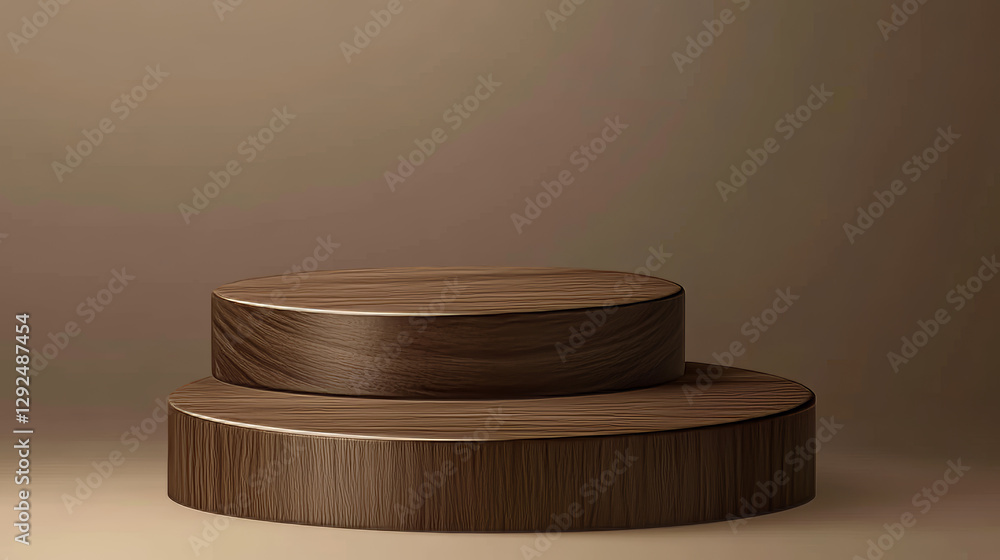 Poster brown wooden 3d product podium in shape of square and circle. high and small platform with wood text