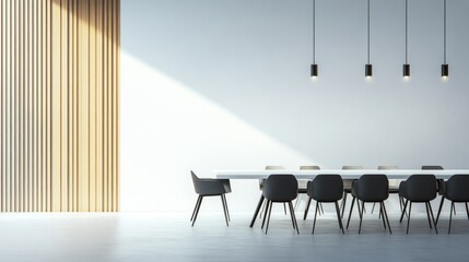 Modern meeting room with sleek table and chairs, embodying simplicity and professionalism in corporate design.
